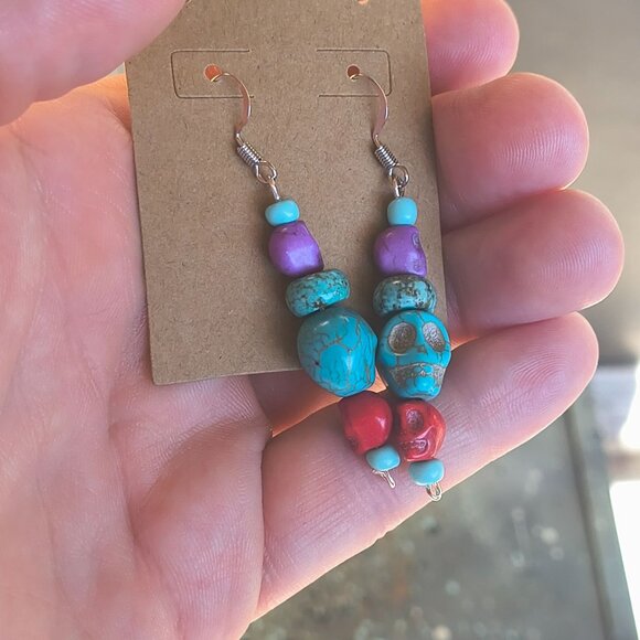 Handmade Day of the Dead Skull Earrings – Colorful Turquoise, Red & Purple Beads - Picture 3 of 3